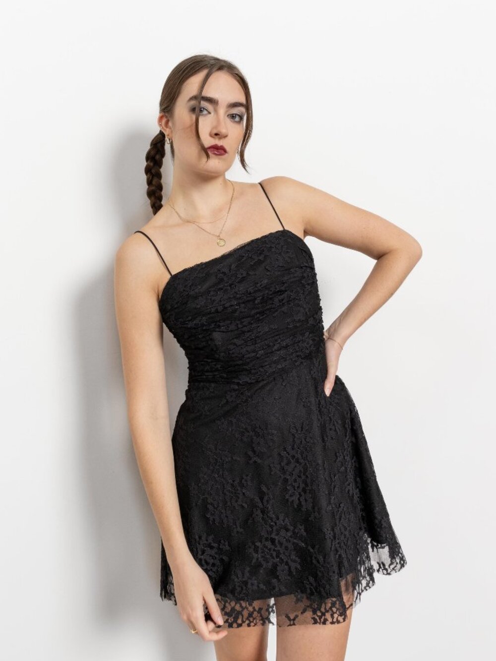 BLACK LACE DRESS Vintage Camisole Slip Spaghetti Straps Mini / Medium